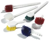 Color coded utility scrub brush 20 inch long with polypropylene block and polyester bristles